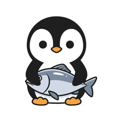 Obraz premium Cute penguin holding a fish vector illustration for children or mascot design