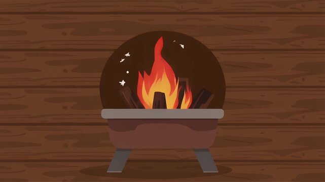 Animated fire pit with burning wood logs and flying sparks on a rustic wooden background