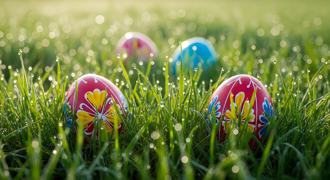 Colorful eggs are hidden in the tall grass
