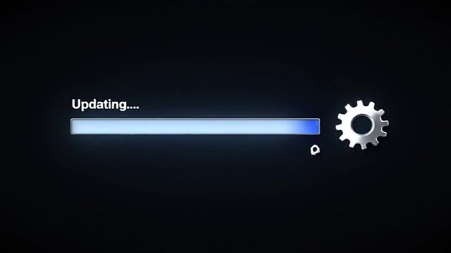 Loading bar animation with software update and settings icons. Smooth animated progress bar showing upload or update process with spinning settings gear symbol. High quality 4K motion graphics.