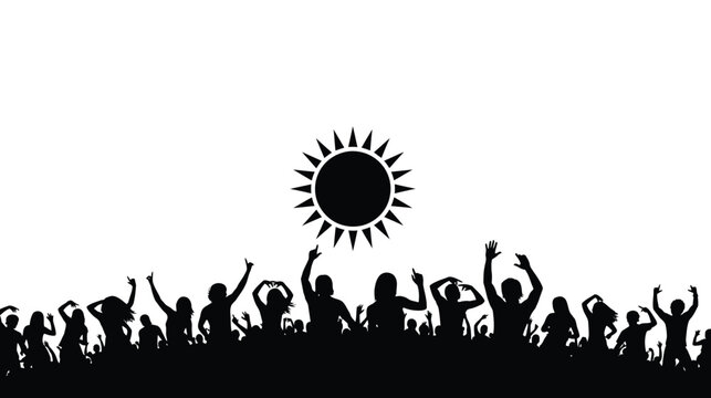 Silhouettes of dancing crowd at music festival under bright sun vector