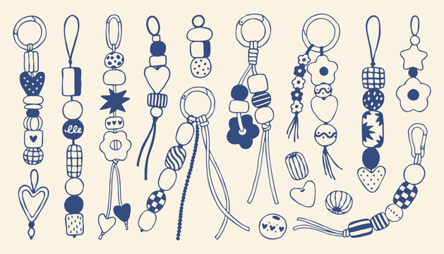 Minimalist collection of beaded keychains with mediterranean motifs. Hand drawn doodle elements featuring hearts and flowers in blue vector style