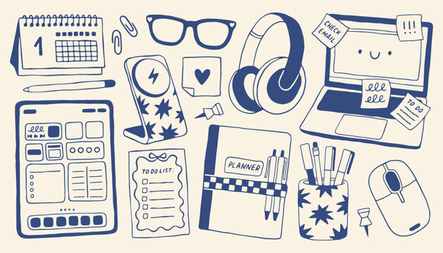 Hand drawn home office set with laptop and stationery elements. Minimalist doodle collection of workspace tools in mediterranean blue vector style