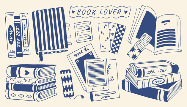 Minimalist book lover set with stacks of books and bookmarks. Hand drawn doodle collection of literature and reading accessories in blue vector