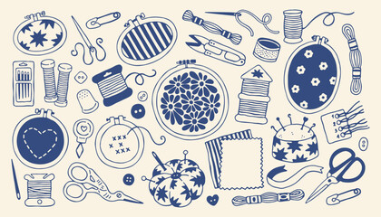Hand drawn embroidery tools set featuring hoops and sewing needles. Minimalist doodle collection of thread and scissors in mediterranean blue vector © spirka.art