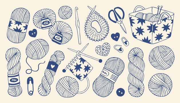 Vector collection of knitting yarn balls and crochet hooks. Hand drawn doodle set with wool skeins and needles in minimalist mediterranean style