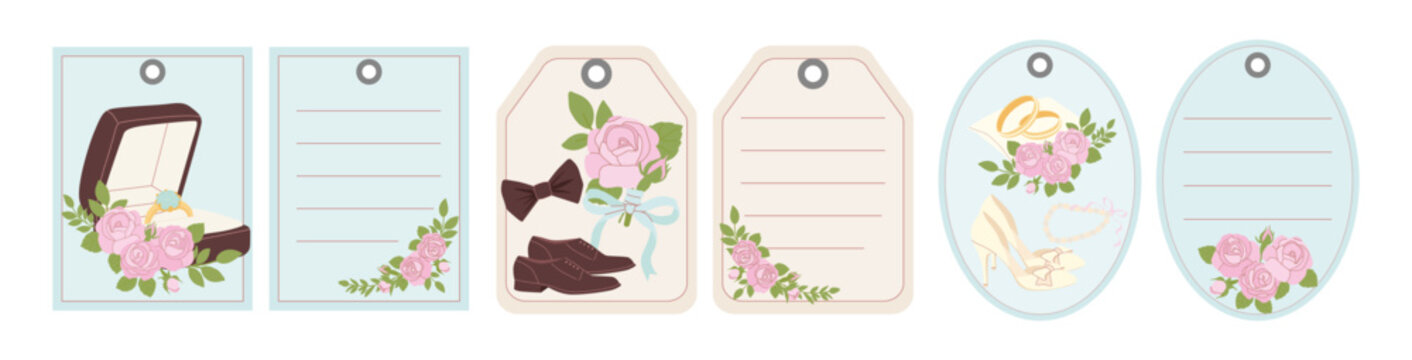 A charming collection of paper labels decorated with soft blossoms and iconic celebration symbols for a personalized finishing touch.