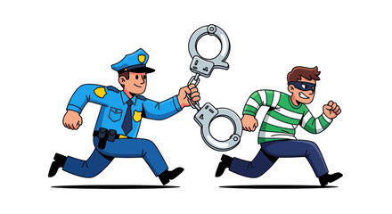 Policeman apprehending a fleeing thief with handcuffs, illustration, cartoon style © ati