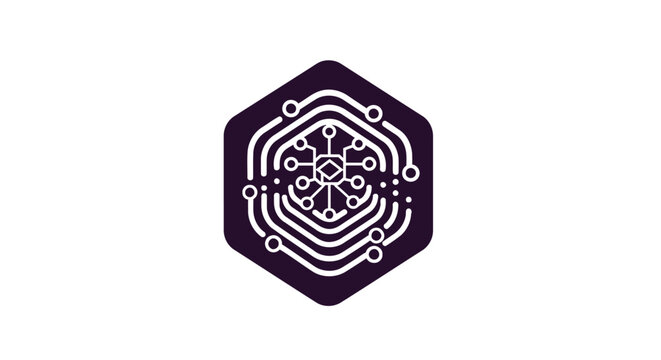 Abstract digital circuit board design in a hexagonal shape.