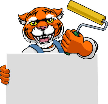 A tiger painter decorator handyman cartoon construction man mascot character holding a paint roller tool