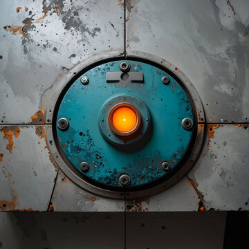 Steel surface texture. Circular hatch mechanism. Rust oxidation. Center light source. Hardware component for infrastructure and automation systems. Industry technology and tactility focus 2026.