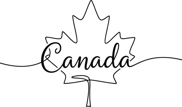 Continuous single line drawing of Canada text and maple leaf symbol isolated on white background