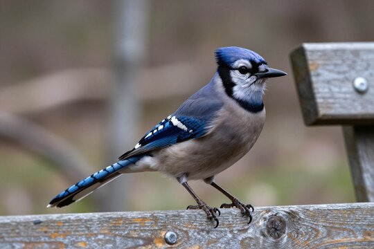 A blue jay sitting on top of a wooden bench