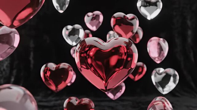 Shiny pink and red crystal hearts on dark textured background
