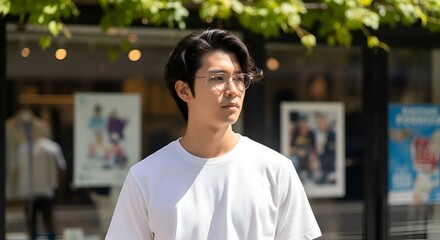 Fototapeta premium Thoughtful Asian man in white t-shirt outdoors.
