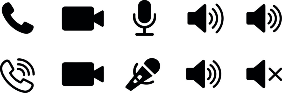 Communication icons phone receiver video call microphone mute speaker volume silent symbol vector set isolated white background