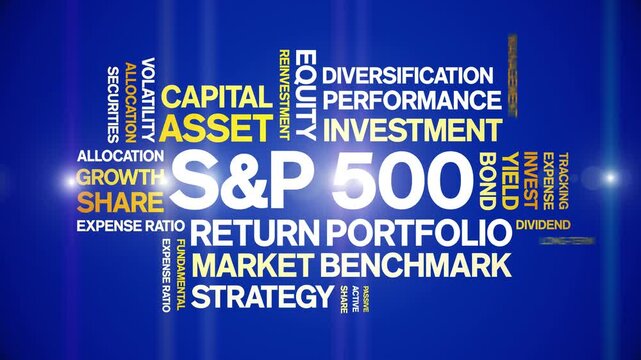 S&P 500 index fund animated word cloud-text design animation tag kinetic typography seamless loop.