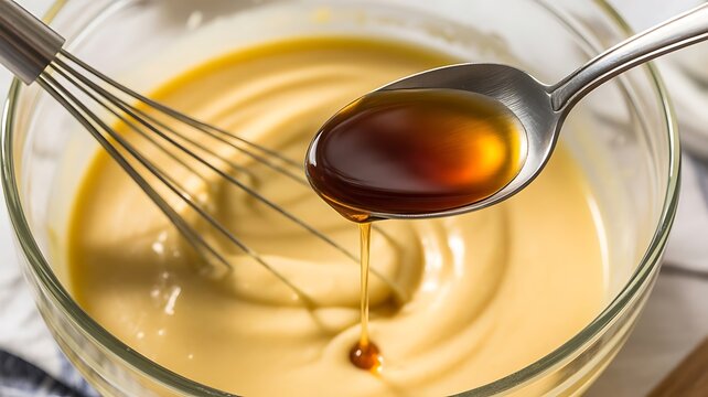 Spoon pouring golden vanilla extract into a smooth yellow batter in a clear glass bowl
