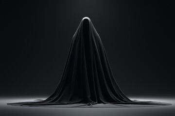 Naklejka premium Mysterious Figure Wearing A Long Black Hooded Cloak Standing In Dark Mist
