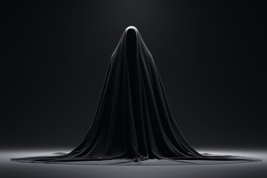 Mysterious Figure Wearing A Long Black Hooded Cloak Standing In Dark Mist