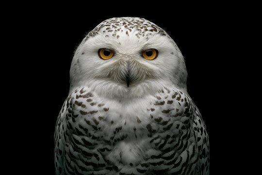Front View Close Up Of A Snowy Owl With Intense Yellow Eyes