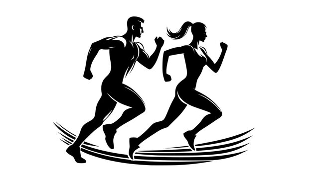 Running man and woman, isolated vector silhouettes. Run, side view. Silhouettes of athletic looking male and female runners running. Transparent background SVG version.