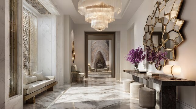 Elegant marble entryway with opulent chandelier and decorative mirror