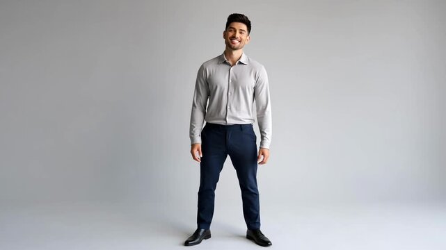 Professional male presenter lighting in grey shirt and blue pants