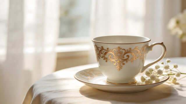 regularizing. Elegant white porcelain teacup with gold filigree patterns, soft window light highlighting delicate details. bar promotions.