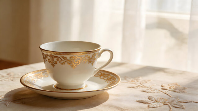 regularizing. Elegant white porcelain teacup with gold filigree patterns, soft window light highlighting delicate details. bar promotions.