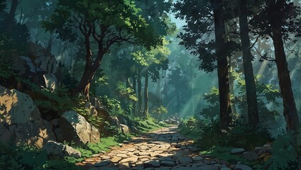 Fototapeta premium Peaceful Forest Path Anime Scenery Illustration