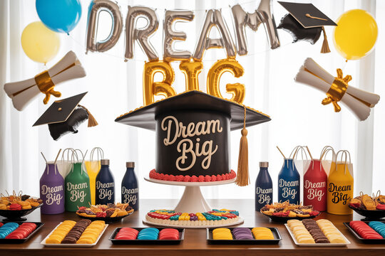 A graduation party table with a cake and decorations that read 'Dream Big'