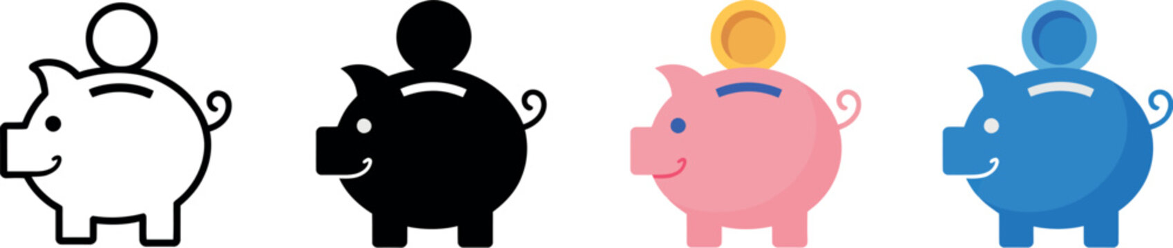 Piggy bank icons simple line and flat vector set piggybank baby pig money savings isolated white background