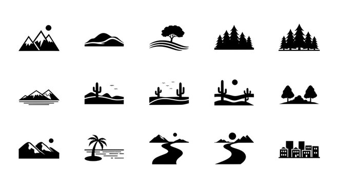Tiny landscape icons set &ndash; simple, minimalist icons isolated on a transparent background