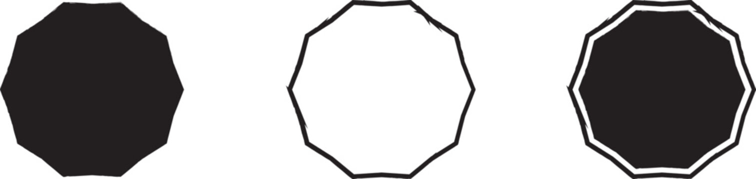 Set of three black and white geometric decagon badges with solid fill and outline styles for logo design and labels