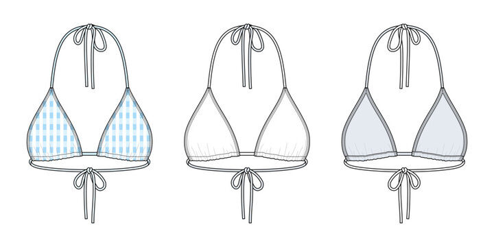 Classic Triangle Bikini Top Halter Tie Swimwear Minimal Beach Bra Template Front View Fashion Flat Vector Set