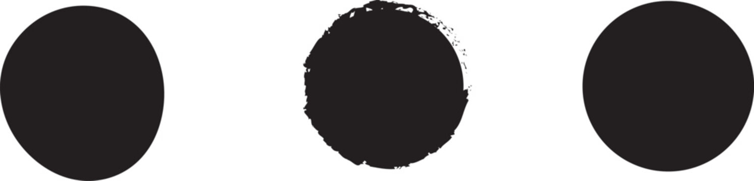Three minimalist black circles in a row featuring one textured grunge dot for abstract design and geometric concepts