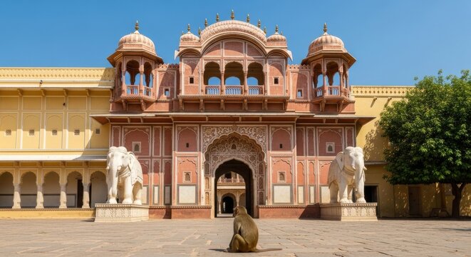 Majestic palace entrance with intricate jharokhas and clear blue sky background