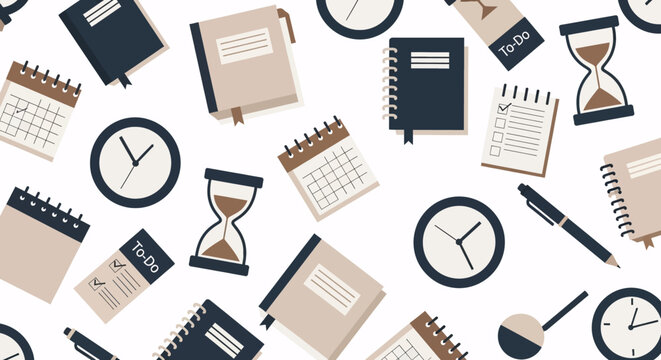 Efficient time management and countdown concept background: seamless pattern with calendars, clocks, hourglasses, notebooks, and planners.