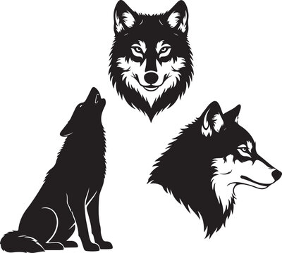 Set of wolf silhouettes isolated. Sticker, print or tattoo design vector illustration. Pagan totem, wiccan familiar spirit art