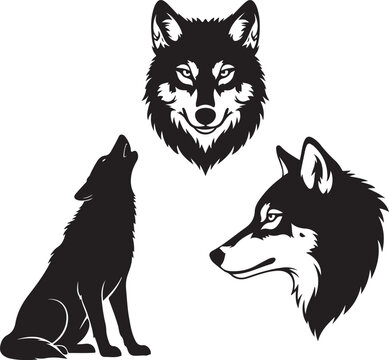 Set of wolf silhouettes isolated. Sticker, print or tattoo design vector illustration. Pagan totem, wiccan familiar spirit art