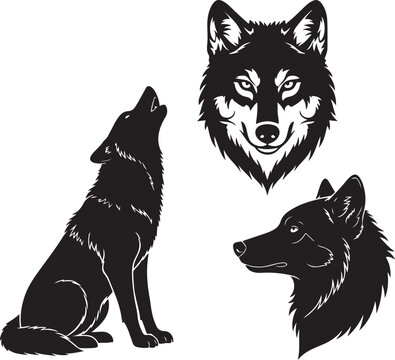 Set of wolf silhouettes isolated. Sticker, print or tattoo design vector illustration. Pagan totem, wiccan familiar spirit art
