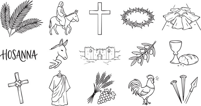 Palm Sunday illustrations, Easter symbols, and biblical elements