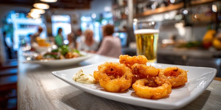 Enjoying fried calamari rings tapas in bar