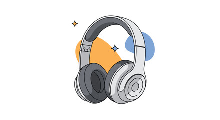 Naklejka premium Sleek white and grey wireless headphones presented with minimalist abstract background shapes and small sparkles.