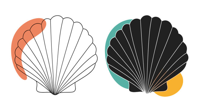 Scallop seashell is presented in both outline and solid black versions with decorative abstract and colorful blobs.