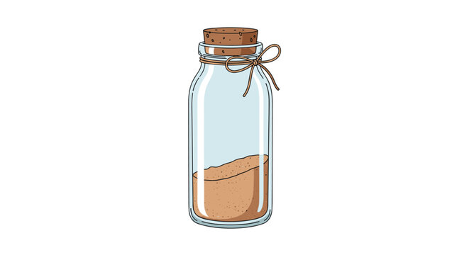 Tall glass bottle with a cork stopper and a twine bow is partially filled with fine brown sand or culinary spice.