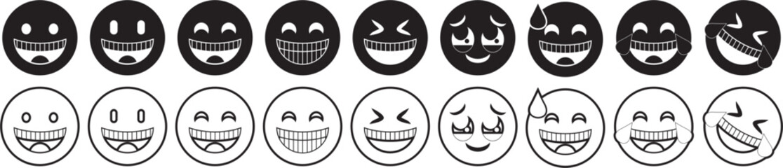 Obraz premium Collection of smiling emoji icons showing various happy expressions, including laughter, joy, closed-eye smiles, and playful emotions. Simple black and white vector style, perfect for UI, social media