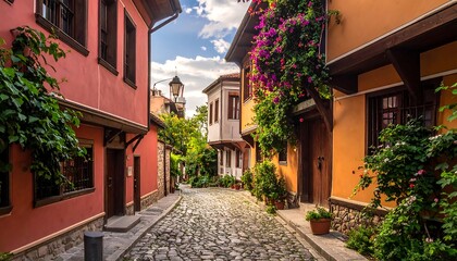 Obraz premium Narrow street view with colorful buildings, cobblestone road, and bright flowering vines in a sunny, old-world setting