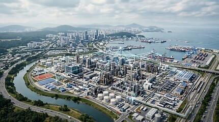Plakat Aerial view of a sprawling industrial complex with refineries, tanks, and a port, situated alongside a winding river and a city skyline